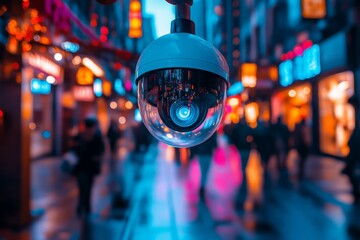 Security camera monitors urban street activity at night in a vibrant city with colorful lights and bustling crowds