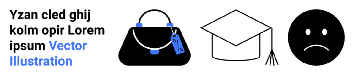 Handbag with tag, academic graduation cap, and sad face icon evoke themes of fashion, education, and emotions. Ideal for education, fashion, communication, learning lifestyle retail flat landing