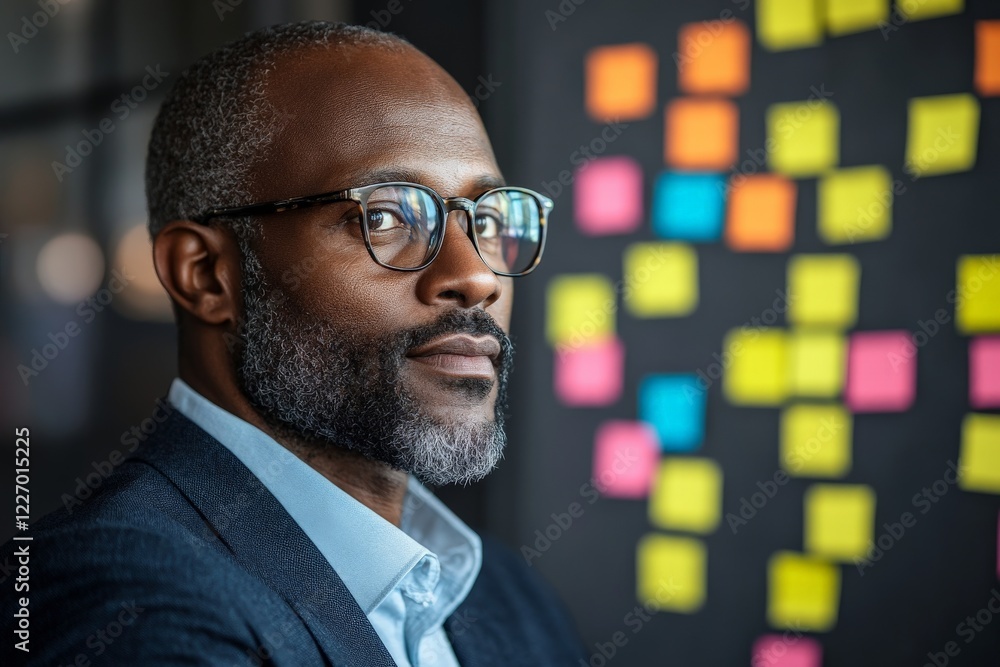 Poster Professional man focused on brainstorming in a modern office with colorful sticky notes on the wall