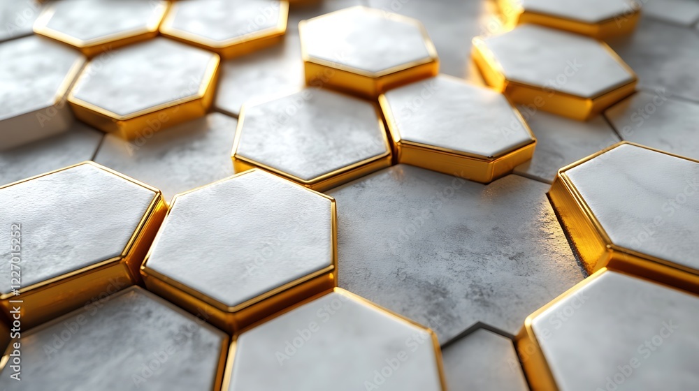 Poster 3d white and gold color hexagon tiles pattern shape background