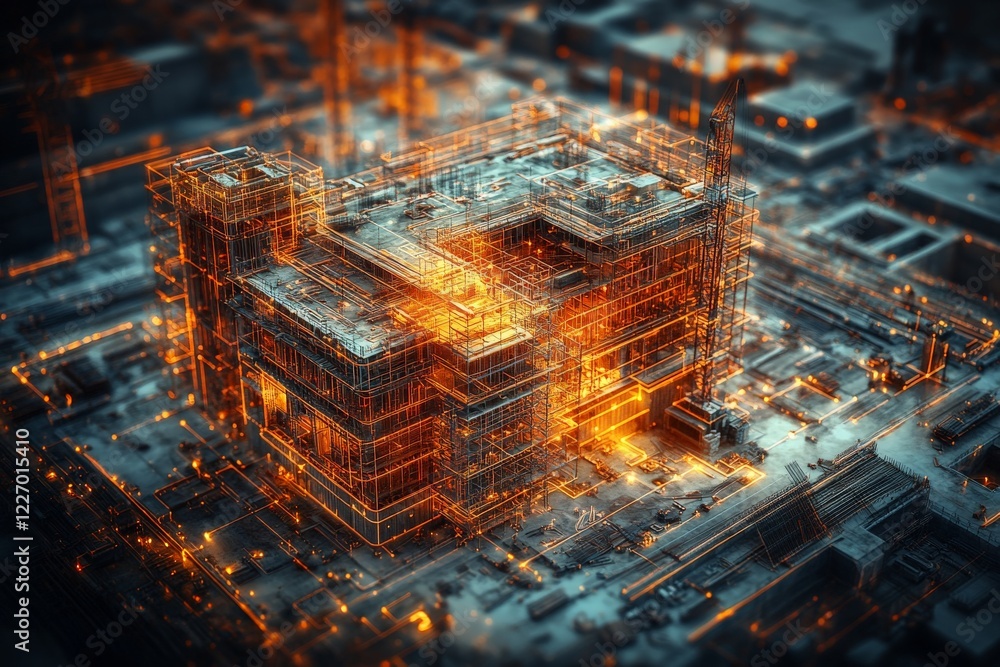 Poster construction site with glowing architectural framework at night showcasing modern building technique