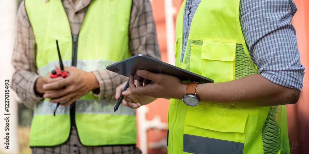 Aufkleber logistics engineer using a tablet for project management and communication.