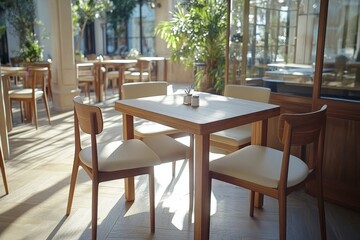Bright and inviting dining area with wooden furniture and greenery near large windows during daylight hours