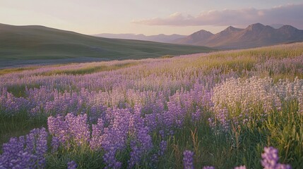 Obraz premium Sunset Lupine Field, Mountain Landscape, Peaceful Pastoral Scene