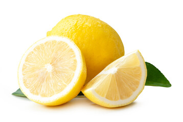 Side view of yellow lemon fruit with half slices and green leaves in stack isolated on white...