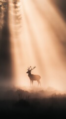 A deer stands gracefully in a misty forest, bathed in soft sunlight breaking through tall trees at dawn
