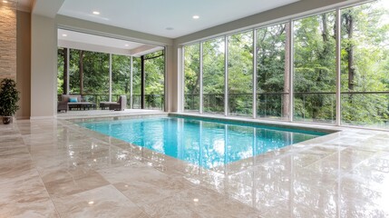Fototapeta premium Indoor pool with large windows overlooking a lush forest