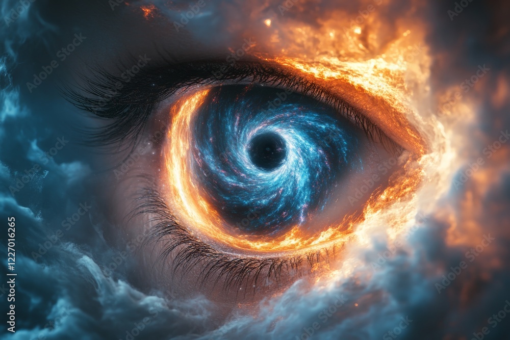Poster eye surrounded by swirling clouds of fire and stars, creating a cosmic and surreal atmosphere