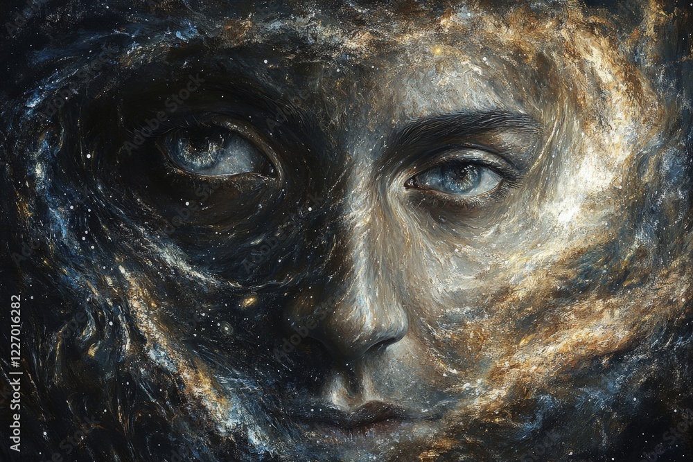 Poster cosmic portrait blending human features and celestial elements in a dreamlike landscape