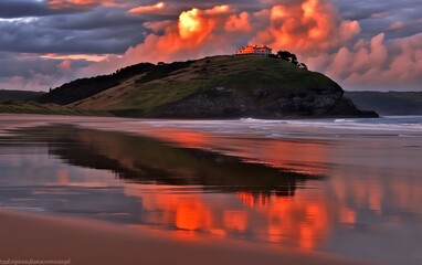 Sunset over coastal cliff with house reflecting in ocean.