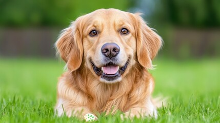 Happy Golden Retriever Dog Lying on Green Grass with Toy