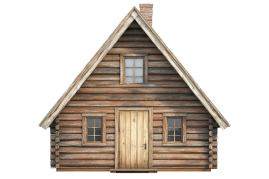 Isolated Classic Log Cabin with Wooden Details on White Background
