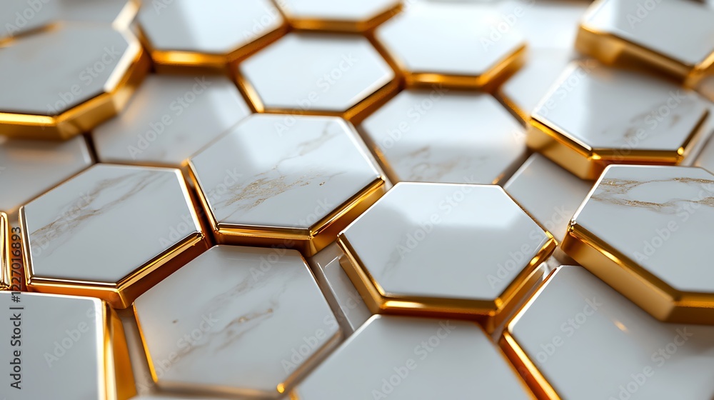 Poster 3d white and gold color hexagon tiles pattern shape background