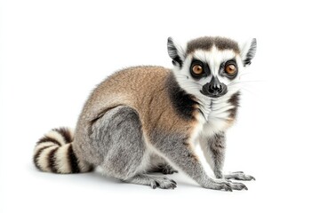 Ring-tailed lemur sitting on white background