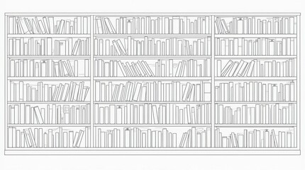 Detailed Line Art Illustration of a Bookshelf Filled with Books