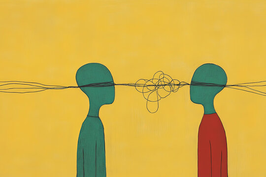 This image features two abstract figures exchanging tangled lines representing thoughts, emotions, or mental connections amidst a vibrant yellow background.