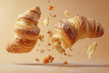 Flaky croissants breaking apart in mid-air showcasing the light and airy texture