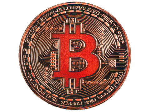 Isolated Red Copper Bitcoin Coin with Circuit Design