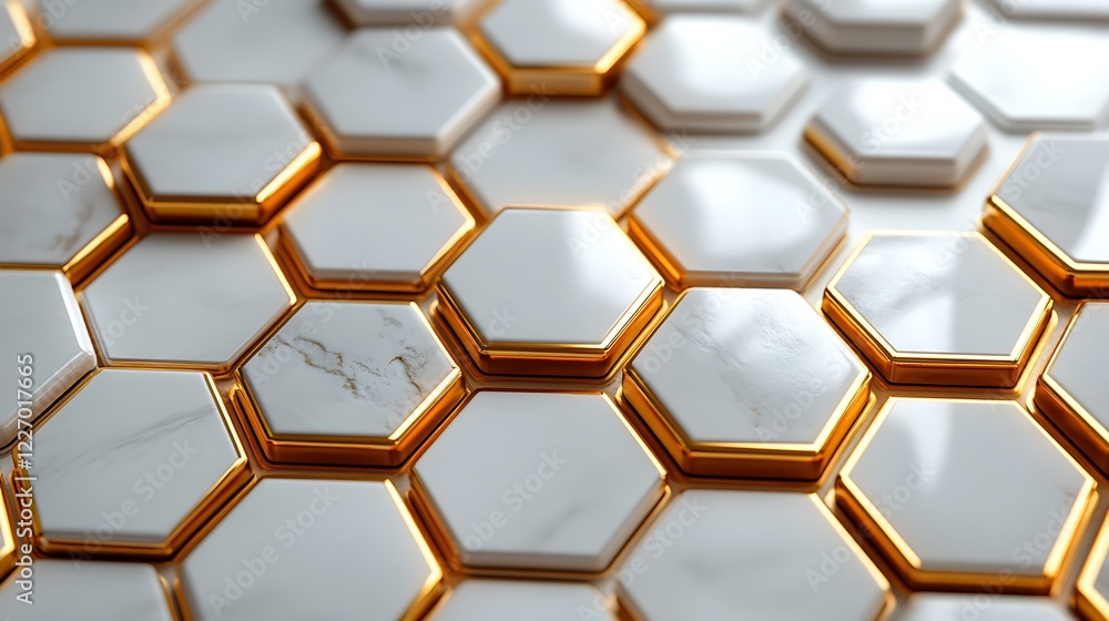 Poster 3d white and gold color hexagon tiles pattern shape background