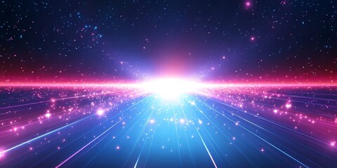 Fototapeta premium Vibrant Neon Grid with Light Trails Fading into a Dreamlike Horizon in Blue and Purple