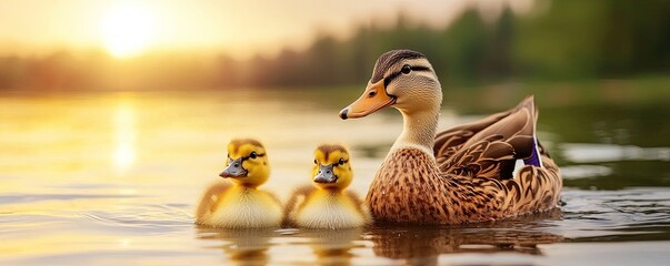 A mother duck swims peacefully with her two ducklings in a serene lake during sunset, surrounded by lush greenery.