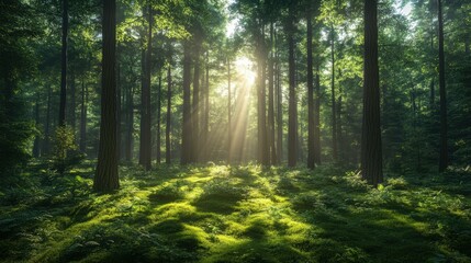 Obraz premium Sunlight streaming through lush forest trees creating a serene natural atmosphere