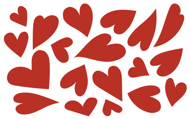Set of red hearts in different pose. Vector symbol icon hearts set. Collection of red love heart illustrations hand drawn. Doodle hearts collection.