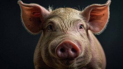 Fototapeta premium Close-up portrait of a cute pig in a studio on black background