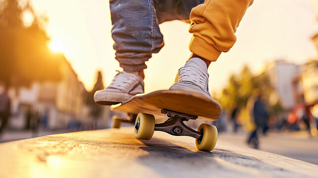 Skater performs tricks during golden hour in urban skatepark - Powered by Adobe