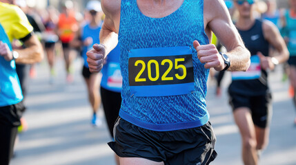 Close up of marathon runner wearing bib number 2025, showcasing determination and athleticism amidst crowd of participants. vibrant blue attire adds energy to scene