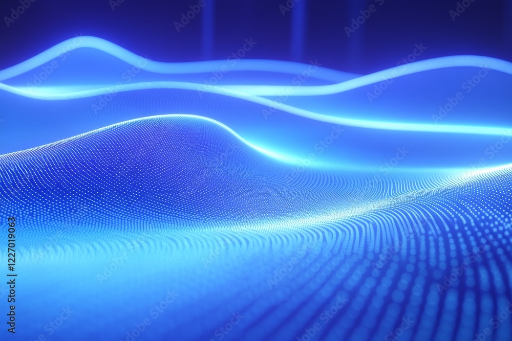 Poster vibrant blue light waves create a mesmerizing visual effect in a digital landscape