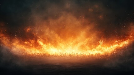 Fototapeta premium Fiery apocalypse cityscape with dramatic flames and smoke in the night