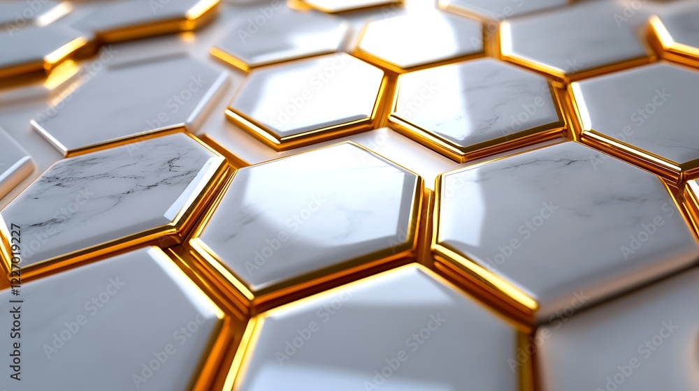 Poster 3d white and gold color hexagon tiles pattern shape background