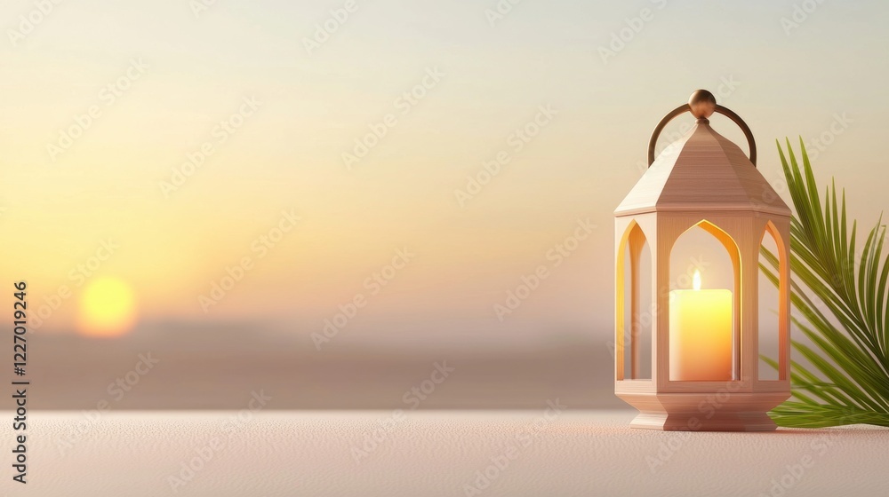 Poster a serene lantern with a candle sits on a surface beside a palm leaf, illuminated by the soft glow of