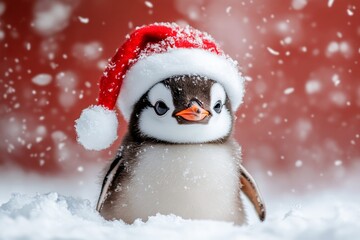 Penguin wearing a Santa hat enjoys a snowy Christmas celebration in a festive winter landscape