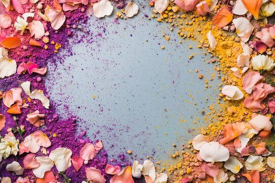 A vibrant collection of Holi-themed background prompts featuring colorful powder splashes, rangoli, neon effects, watercolor textures, and festive elements, all including the bold text "HAPPY HOLI" 