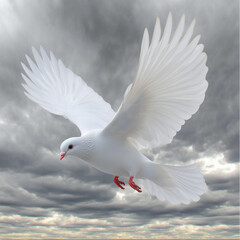 Obraz premium A white dove soars against a dramatic sky, wings outstretched in a symbol of peace and freedom.