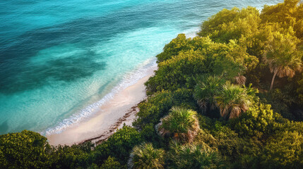 Aerial drone shot of a secluded beach with turquoise ocean waters, white sand, and palm trees mixed with tropical vegetation in golden sunset light. Generative AI
