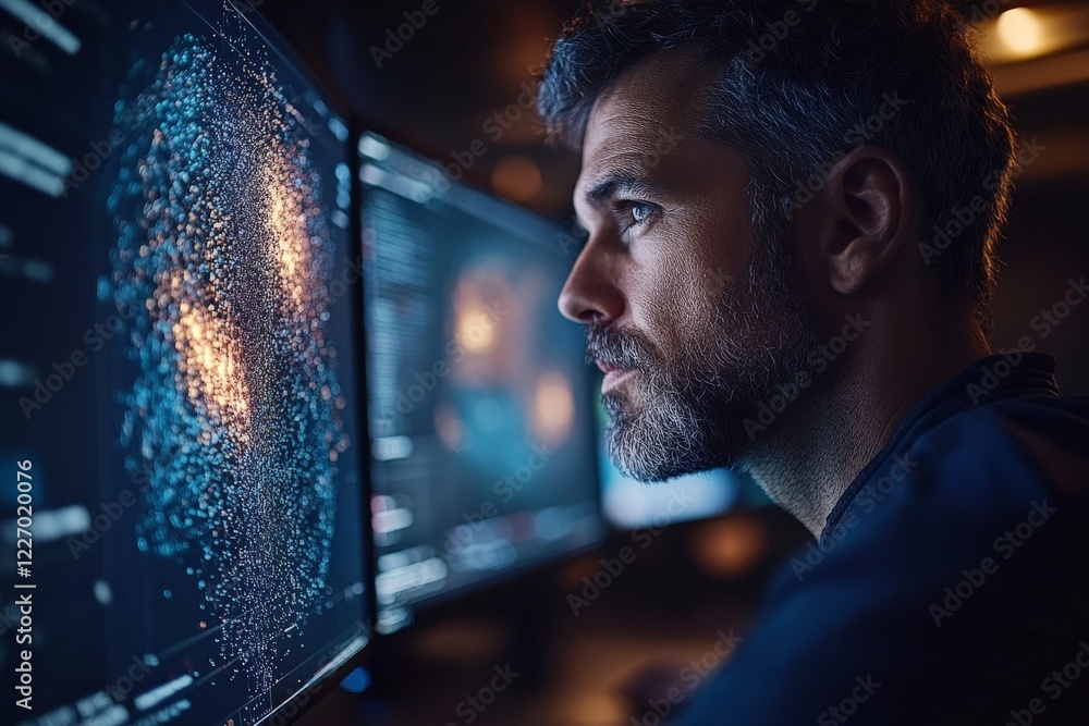 Fototapete Man analyzing complex data on multiple computer screens in a dimly lit workspace