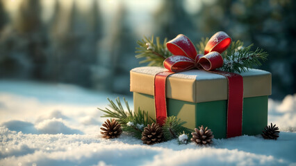 Vintage Christmas Gift Box in Snowy Landscape