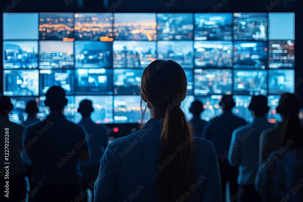 Poster monitoring multiple screens displaying city views at night by a group of people in a control room