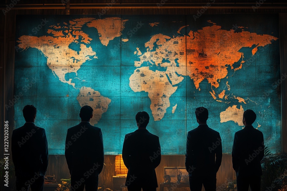 Poster group of business professionals observing a world map at an event in a modern setting during the eve