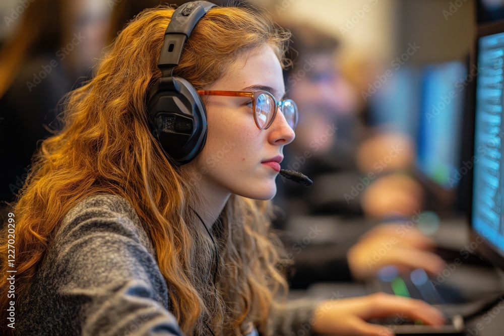 Aufkleber young woman engaged in coding at a tech workshop with peers in the background at a modern learning e