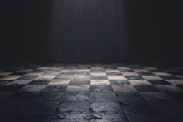 horizontal image of an empty dark room with black and white chess floor