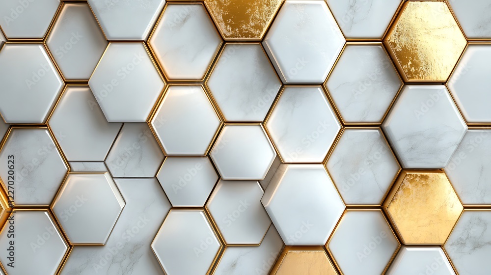 Poster 3d white and gold color hexagon tiles pattern shape background