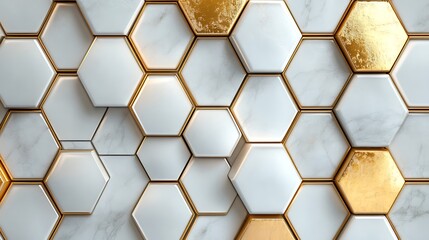 3D white and gold color hexagon tiles pattern shape background