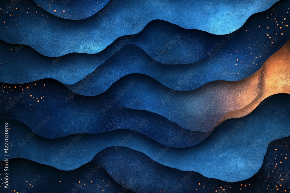 Poster swirling blue waves create an abstract oceanic landscape with touches of golden hues in a tranquil d