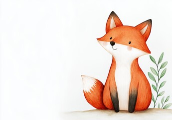 Adorable Red Fox Watercolor Illustration With Green Leaves On White