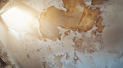 Leaky roof with water-stained ceiling being patched. picture