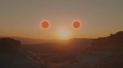 Desert sunset with double sun, alien landscape, science fiction